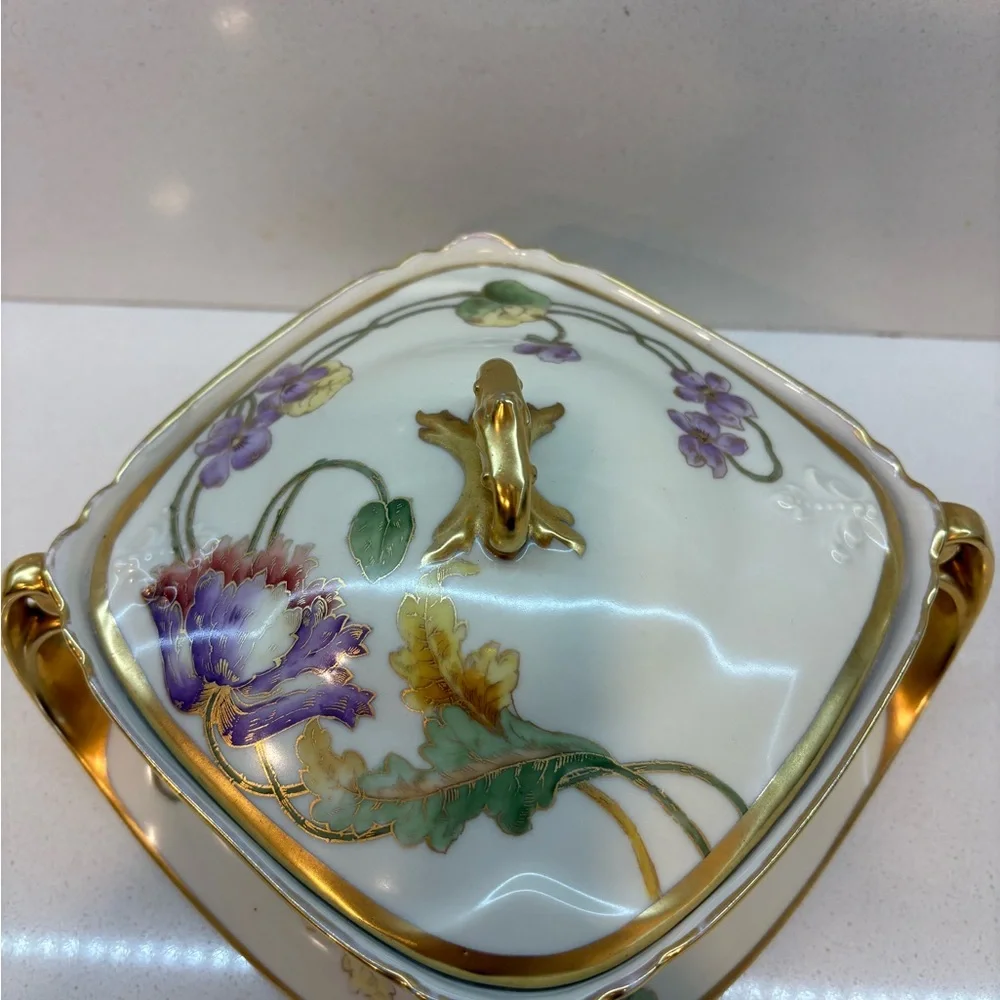 Vintage Rare Find Limoges Gold and Purple Floral Dish with Lid
